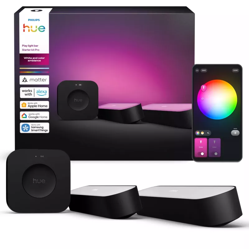 Philips Hue Play šviesos juostų rinkinys pradedantiesiems – 2 Play šviesos juostos + Hue Bridge Pro, Bluetooth, juoda, C tipo kištukas