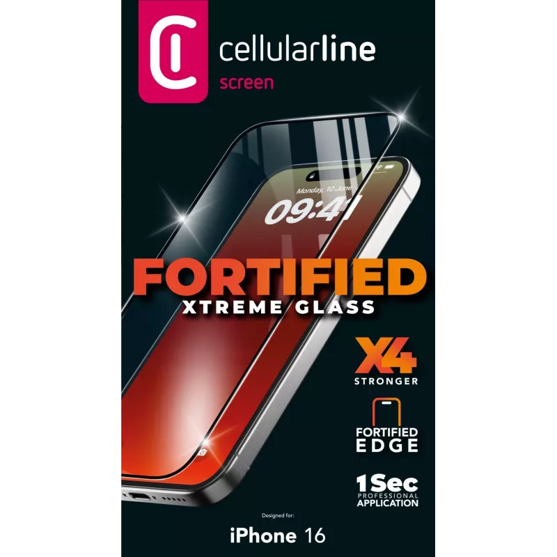 Cellularline Fortified Xtreme Glass – iPhone 16 itin apsauginis grūdintas stiklas su sustiprintais kraštais, lengvai užklijuojamas