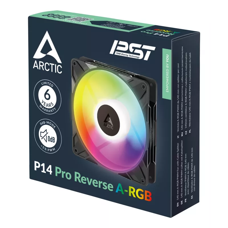 ARCTIC Freezer P14 Pro Reverse A-RGB 3 vnt. – 140 mm A-RGB PWM ventiliatorius su kabelių skirstytuvu