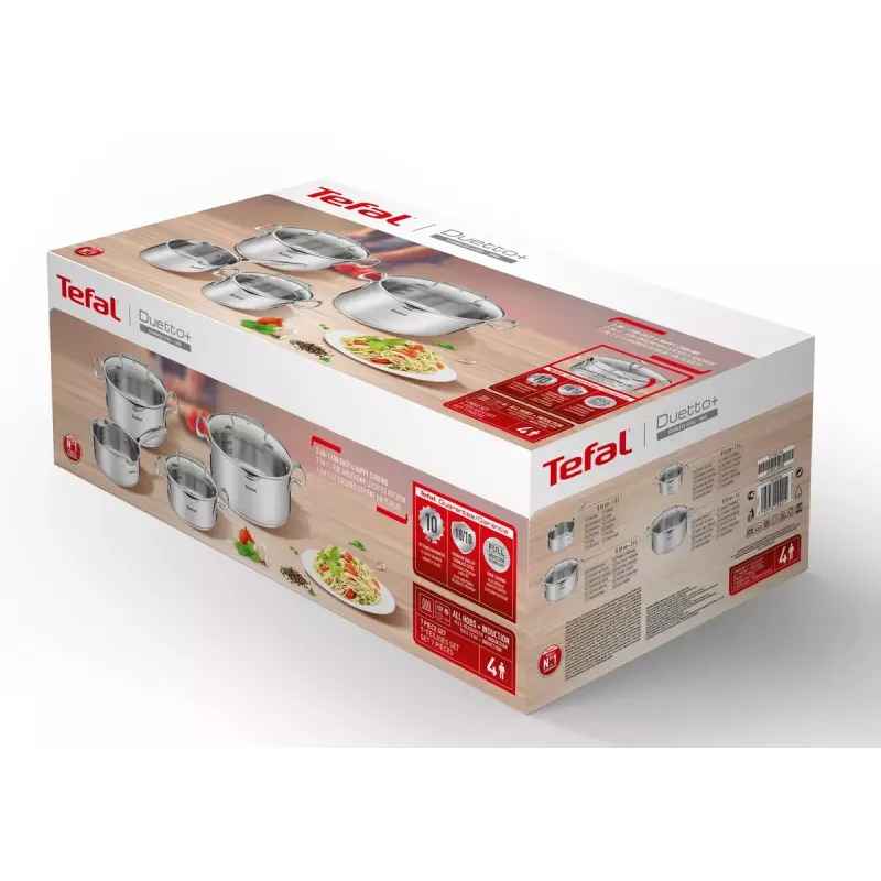 Puodų rinkinys Tefal Duetto+ G719S7, nerūdijantis plienas, 7 dalių (puodai Ø16/20/24 cm, troškintuvas Ø16 cm), indukcinis, dangčiai, orkaitė iki 250°C