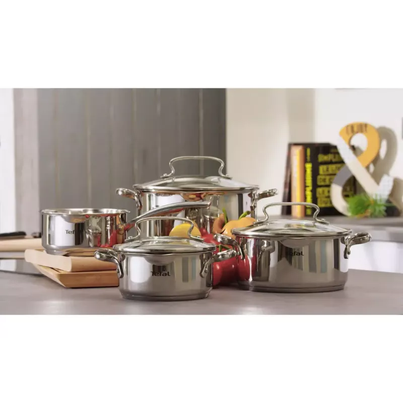 Puodų rinkinys Tefal Duetto+ G719S7, nerūdijantis plienas, 7 dalių (puodai Ø16/20/24 cm, troškintuvas Ø16 cm), indukcinis, dangčiai, orkaitė iki 250°C