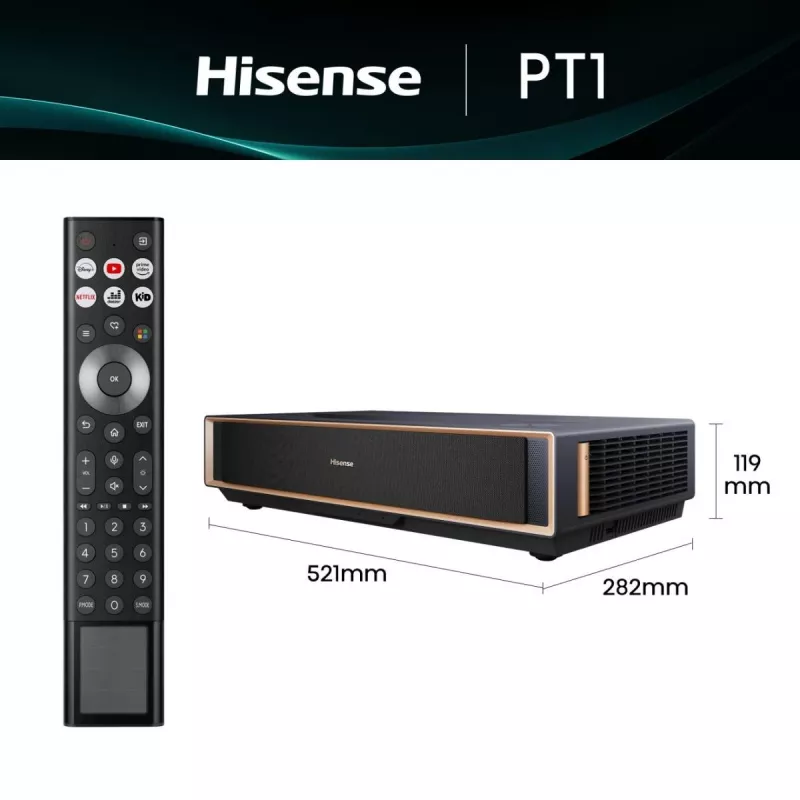 Projektorius HISENSE PT1 3D Smart TV, 16:9 natūralus, Wi‑Fi ir Ethernet, HDR (HLG), HDMI 2.0/2.1, Juodas
