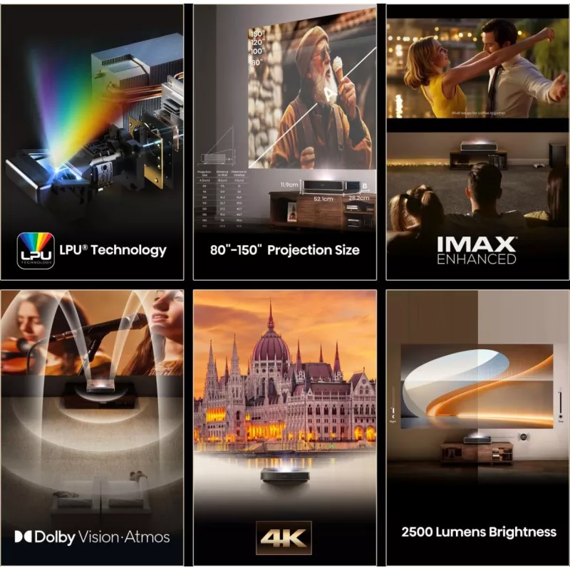 Projektorius HISENSE PT1 3D Smart TV, 16:9 natūralus, Wi‑Fi ir Ethernet, HDR (HLG), HDMI 2.0/2.1, Juodas