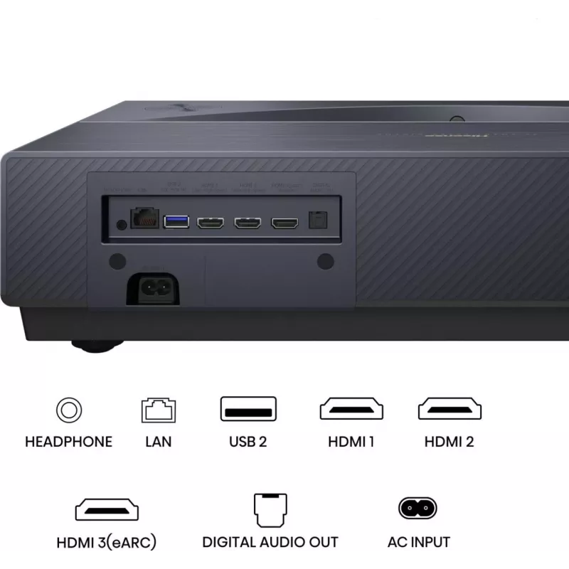 Projektorius HISENSE PT1 3D Smart TV, 16:9 natūralus, Wi‑Fi ir Ethernet, HDR (HLG), HDMI 2.0/2.1, Juodas