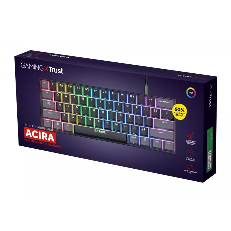 Trust GXT 867 Acira klaviatūra žaidimams USB 60% mechaninė QWERTY juoda