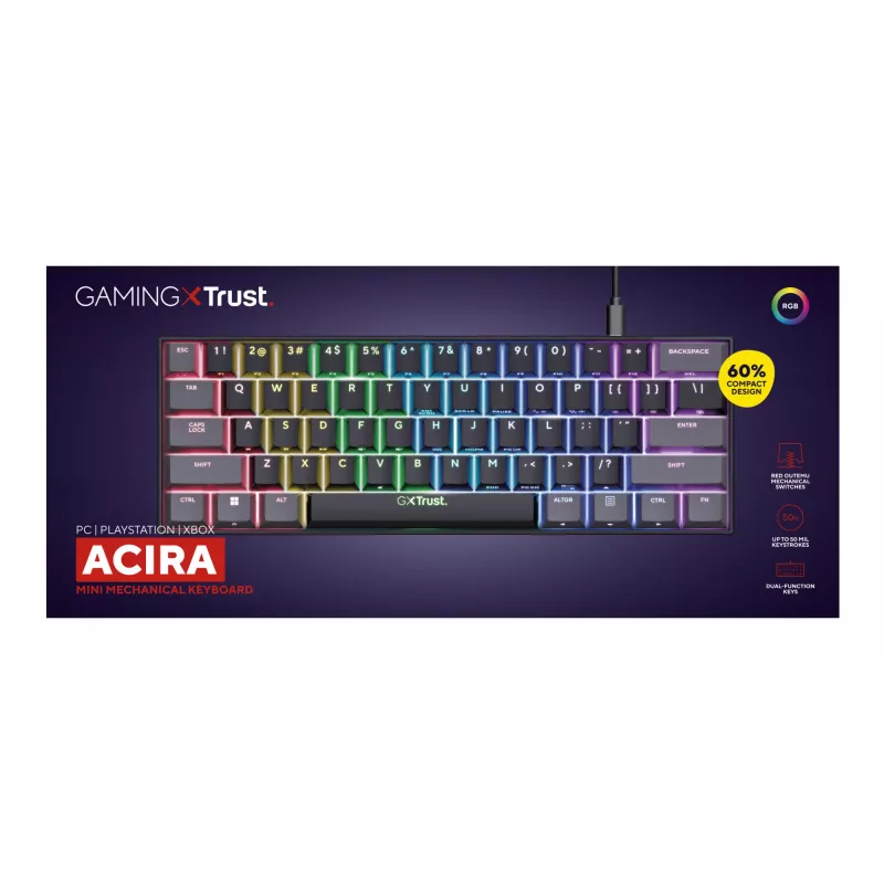 Trust GXT 867 Acira klaviatūra žaidimams USB 60% mechaninė QWERTY juoda