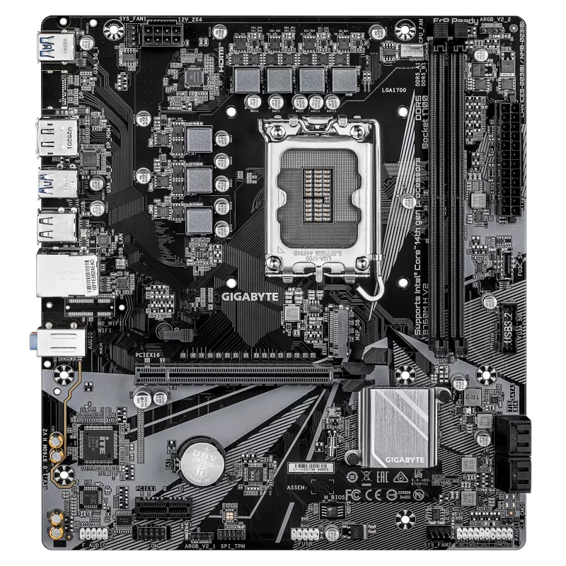 GIGABYTE B760M H V2 pagrindinė plokštė – palaiko Intel Core 14-os kartos procesorius, 5+1+1 fazių skaitmeninis VRM, iki 8000MHz DDR5 (O.C.), 1xPCIe 4.0 M.2, 1GbE LAN, USB 3.2 Gen1