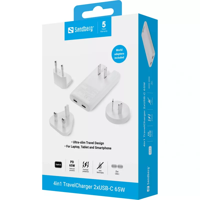 Sandberg 4in1 TravelCharger 65W Baltas