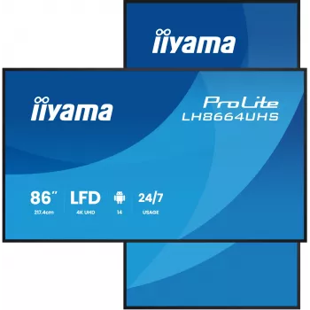 Skaitmeninės reklamos plokščiasis ekranas IIYAMA LH8664UHS-B3AG — 85,6 colio (2,17 m) 3840x2160 4K IPS, 450 cd/m², Wi‑Fi, Android, 24/7, juodas