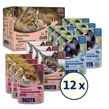 Šlapias ėdalas katėms BOZITA 9116321 12×85 g – be grūdų, suaugusioms katėms, su jautiena, elniena ir vištų kepenėlėmis
