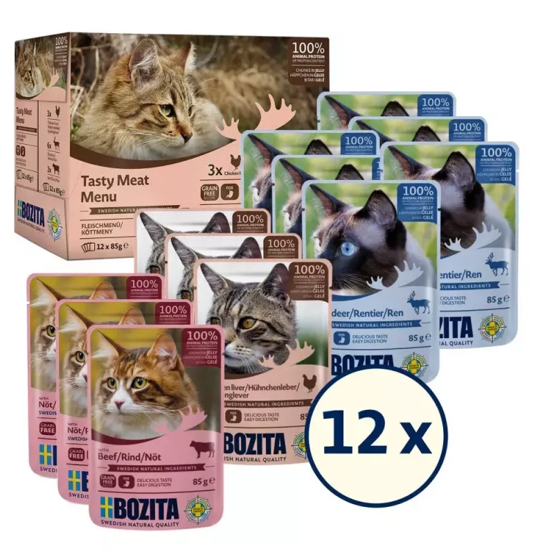 Šlapias ėdalas katėms BOZITA 9116321 12×85 g – be grūdų, suaugusioms katėms, su jautiena, elniena ir vištų kepenėlėmis