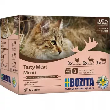Šlapias ėdalas katėms BOZITA 9116321 12×85 g – be grūdų, suaugusioms katėms, su jautiena, elniena ir vištų kepenėlėmis