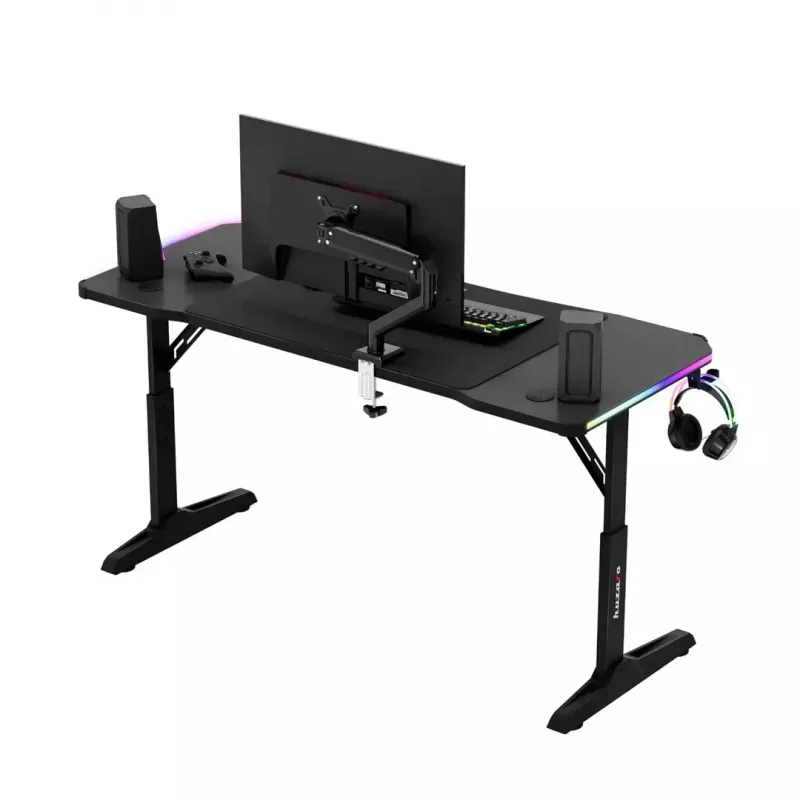 Reguliuojamo aukščio žaidimų stalas huzaro Hero 3.6 RGB Black – 1400×600 mm, aukštis 560–790 mm, RGB apšvietimas, H formos kojos
