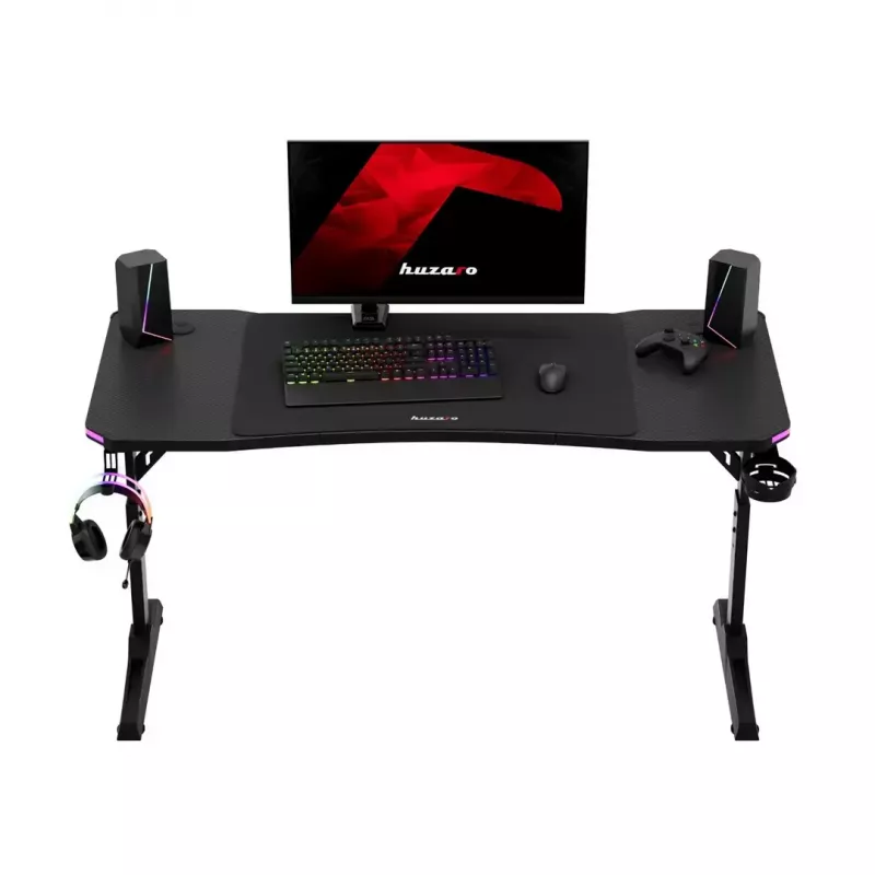Reguliuojamo aukščio žaidimų stalas huzaro Hero 3.6 RGB Black – 1400×600 mm, aukštis 560–790 mm, RGB apšvietimas, H formos kojos