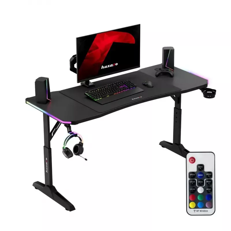 Reguliuojamo aukščio žaidimų stalas huzaro Hero 3.6 RGB Black – 1400×600 mm, aukštis 560–790 mm, RGB apšvietimas, H formos kojos