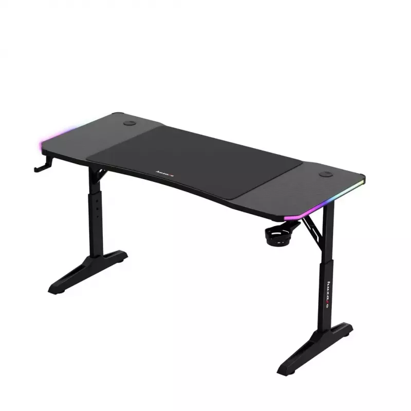 Reguliuojamo aukščio žaidimų stalas huzaro Hero 3.6 RGB Black – 1400×600 mm, aukštis 560–790 mm, RGB apšvietimas, H formos kojos