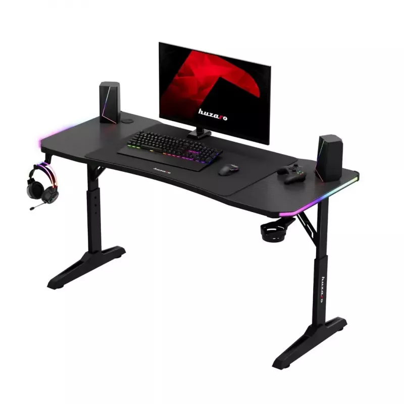 Reguliuojamo aukščio žaidimų stalas huzaro Hero 3.6 RGB Black – 1400×600 mm, aukštis 560–790 mm, RGB apšvietimas, H formos kojos