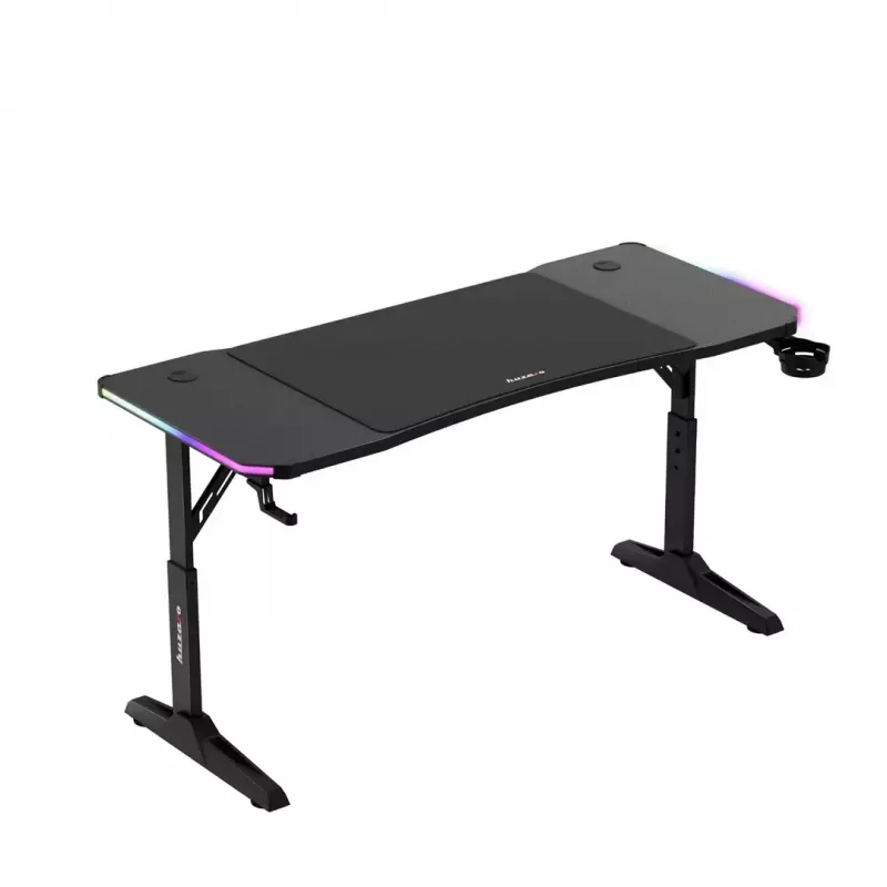 Reguliuojamo aukščio žaidimų stalas huzaro Hero 3.6 RGB Black – 1400×600 mm, aukštis 560–790 mm, RGB apšvietimas, H formos kojos