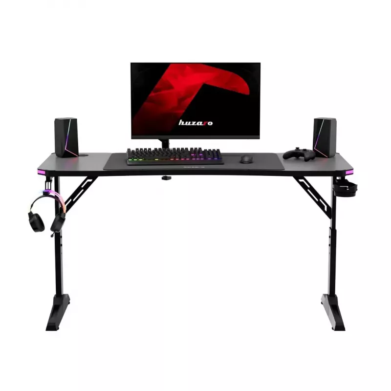 Reguliuojamo aukščio žaidimų stalas huzaro Hero 3.6 RGB Black – 1400×600 mm, aukštis 560–790 mm, RGB apšvietimas, H formos kojos