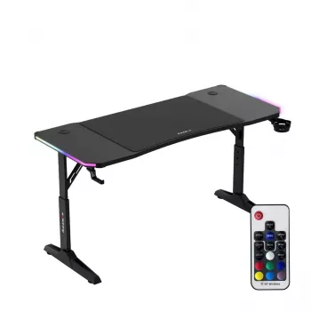 Reguliuojamo aukščio žaidimų stalas huzaro Hero 3.6 RGB Black – 1400×600 mm, aukštis 560–790 mm, RGB apšvietimas, H formos kojos