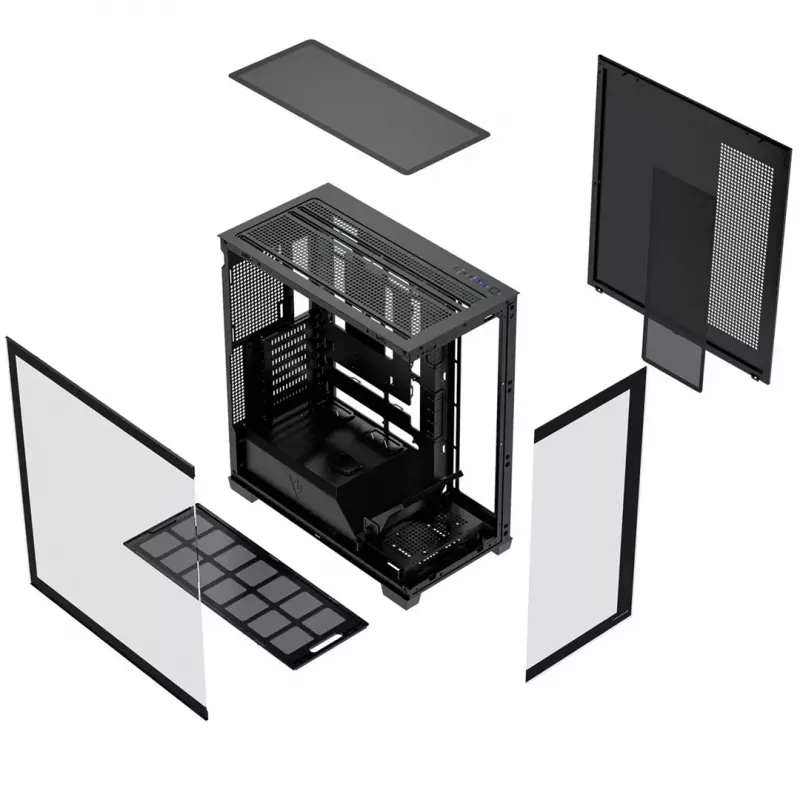 PC korpusas MODECOM VOLCANO STELLAR PLUS MIDI JUODAS — mid-tower ATX, grūdintas stiklas, USB-C, telpa iki 420 mm vaizdo plokštė