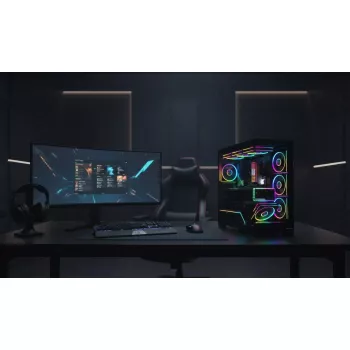 PC korpusas MODECOM VOLCANO STELLAR PLUS MIDI JUODAS — mid-tower ATX, grūdintas stiklas, USB-C, telpa iki 420 mm vaizdo plokštė