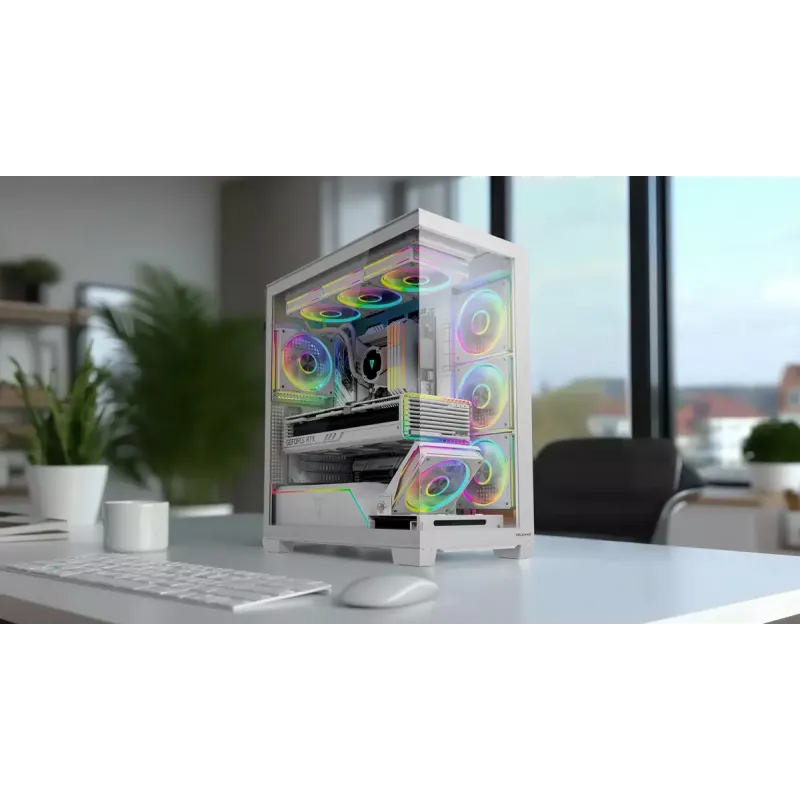 PC korpusas MODECOM VOLCANO STELLAR PLUS MIDI BALTA — Midi Tower, microATX, grūdintas stiklas, USB-C, palaiko GPU 420 mm