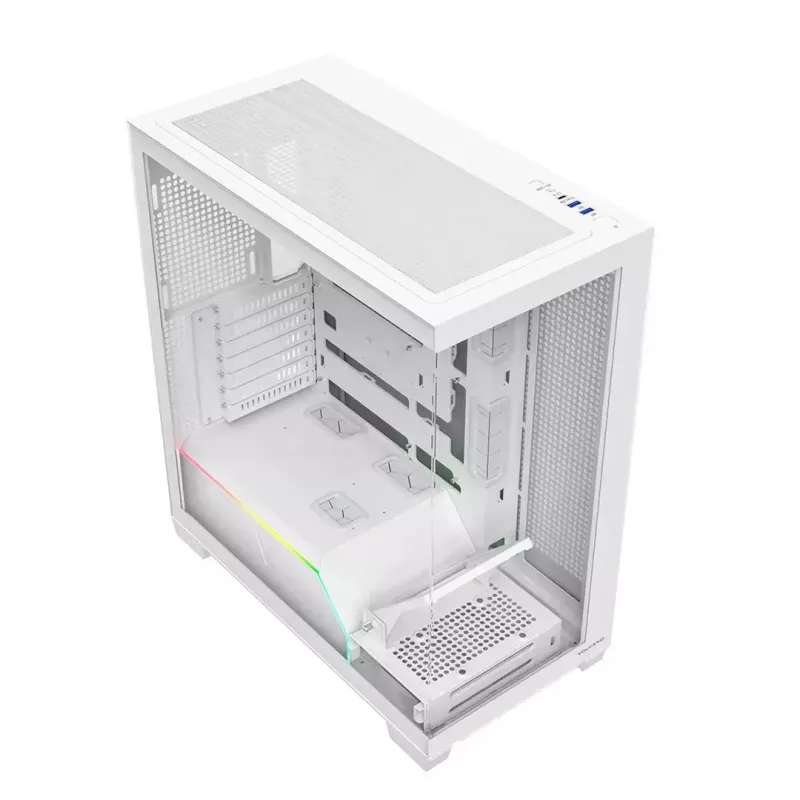 PC korpusas MODECOM VOLCANO STELLAR PLUS MIDI BALTA — Midi Tower, microATX, grūdintas stiklas, USB-C, palaiko GPU 420 mm