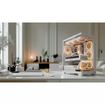 PC korpusas MODECOM VOLCANO STELLAR PLUS MIDI BALTA — Midi Tower, microATX, grūdintas stiklas, USB-C, palaiko GPU 420 mm