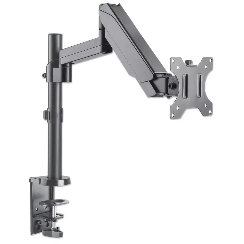 Manhattan stalinis laikiklis televizoriui ir monitoriui (dujinis spyruoklinis), ekranams nuo 13 iki 27 colių, spaustuvinis arba per angą montavimas, VESA 75x75 ir 100x100 mm, max 8 kg, pilnas judesys