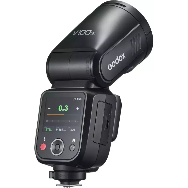 Blykstė Godox V100 skirta Sony – nešiojama 100 Ws foto blykstė su įmontuota įkraunama baterija