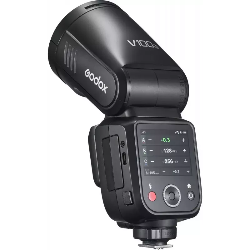 Blykstė Godox V100 skirta Sony – nešiojama 100 Ws foto blykstė su įmontuota įkraunama baterija
