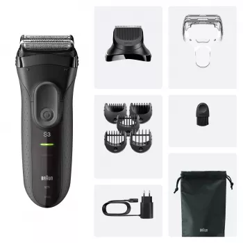 Braun 3000BT barzdaskutė akumuliatorinė 5-7 mm šlapiam ir sausam skutimuisi juoda pilka