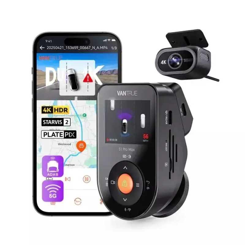 Automobilinis vaizdo registratorius VANTRUE S1PRO MAX – kompaktiškas 2 kanalų įrašymas, 3840×2160 F/1.8, 155° pagrindinis, Wi‑Fi, GPS, 2 colių ekranas, parkavimo režimas, microSD iki 1 TB