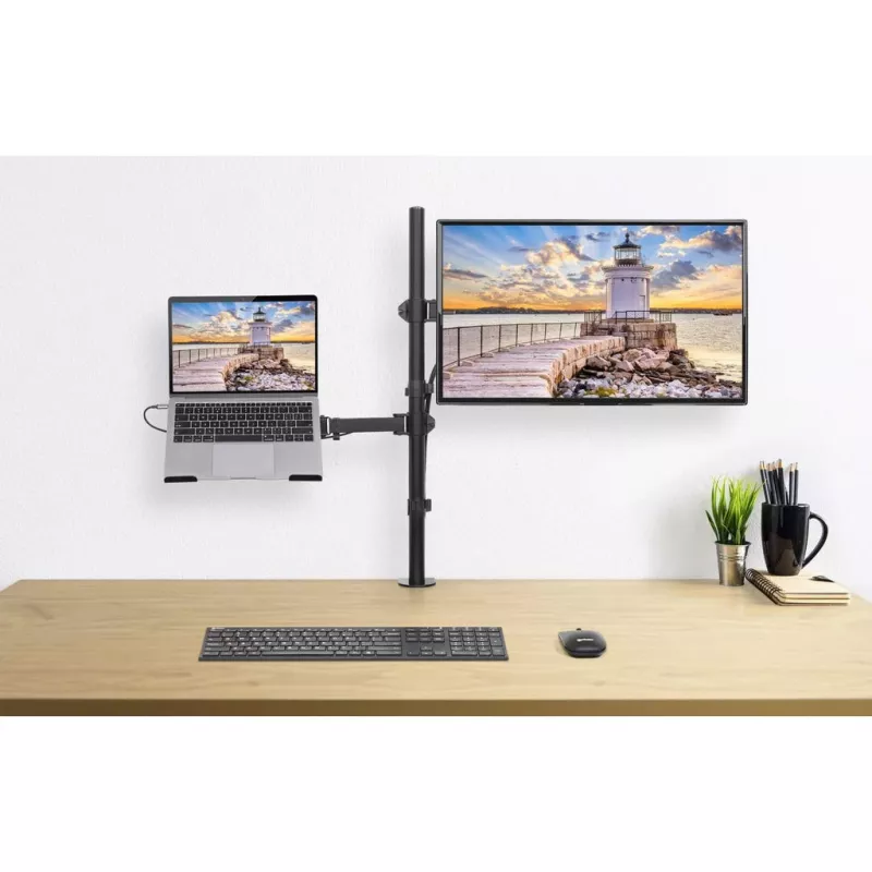 Manhattan monitorių ir nešiojamojo kompiuterio stovas (Full Motion), 10-27 inch ekranams, iki 17 inch nešiojamam, VESA 75x75 ir 100x100 mm, spaustuvinis tvirtinimas, max 8 kg