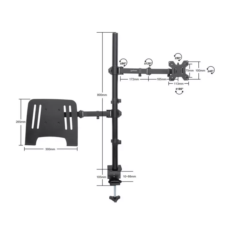 Manhattan monitorių ir nešiojamojo kompiuterio stovas (Full Motion), 10-27 inch ekranams, iki 17 inch nešiojamam, VESA 75x75 ir 100x100 mm, spaustuvinis tvirtinimas, max 8 kg