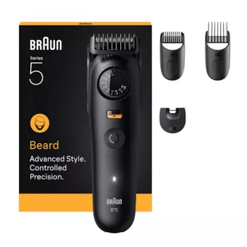 Barzdaskutė BRAUN BT5520 — 0,5–20 mm, 40 ilgio nustatymai, įkraunama, 120 min baterija, juoda