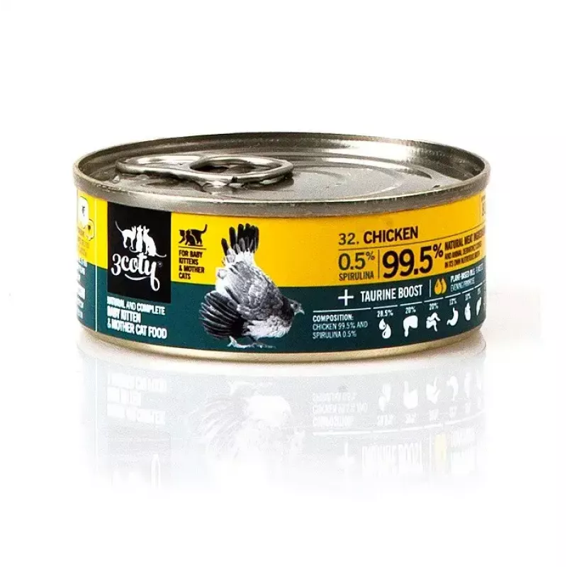 Šlapias kačių ėdalas 3coty Vištiena su spirulina kačiukams ir žindančioms katėms 80 g, pilnavertis pašaras, 19% baltymų, 8% riebalų