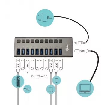 i-tec USB 3.0 Įkrovimo HUB 10 prievadų + 48 W maitinimo adapteris