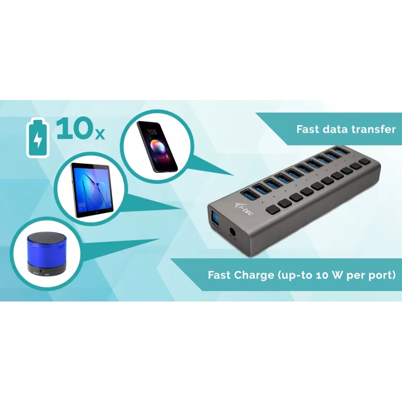 i-tec USB 3.0 Įkrovimo HUB 10 prievadų + 48 W maitinimo adapteris