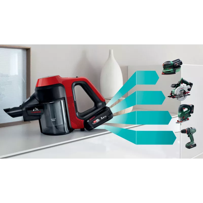 Bosch BCS711PET belaidis dulkių siurblys – lazdinis siurblys, akumuliatorinis, be maišelio, 0,3 l, juodas/raudonas, 3 Ah