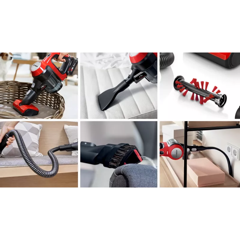 Bosch BCS711PET belaidis dulkių siurblys – lazdinis siurblys, akumuliatorinis, be maišelio, 0,3 l, juodas/raudonas, 3 Ah