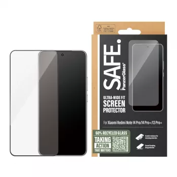 Apsauginis stiklas PanzerGlass SAFE. by, skirta Xiaomi Redmi Note 14 Pro / 14 Pro+ / 13 Pro+ — grūdintas stiklas, skaidrus, Ultra-Wide Fit
