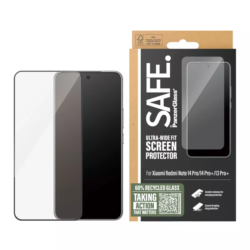 Apsauginis stiklas PanzerGlass SAFE. by, skirta Xiaomi Redmi Note 14 Pro / 14 Pro+ / 13 Pro+ — grūdintas stiklas, skaidrus, Ultra-Wide Fit