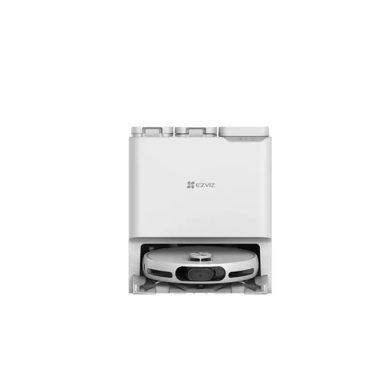 Robotinis dulkių siurblys EZVIZ RS20 Pro — Li‑Ion 5200 mAh, 220 min veikimo laikas, 7200 Pa siurbimo galia, savaiminio išsivalymo bazė, LiDAR navigacija, 0,35 L dulkių maišelis, šlapias valymas, baltas