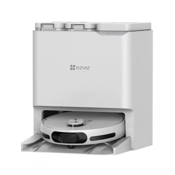 Robotinis dulkių siurblys EZVIZ RS20 Pro — Li‑Ion 5200 mAh, 220 min veikimo laikas, 7200 Pa siurbimo galia, savaiminio išsivalymo bazė, LiDAR navigacija, 0,35 L dulkių maišelis, šlapias valymas, baltas