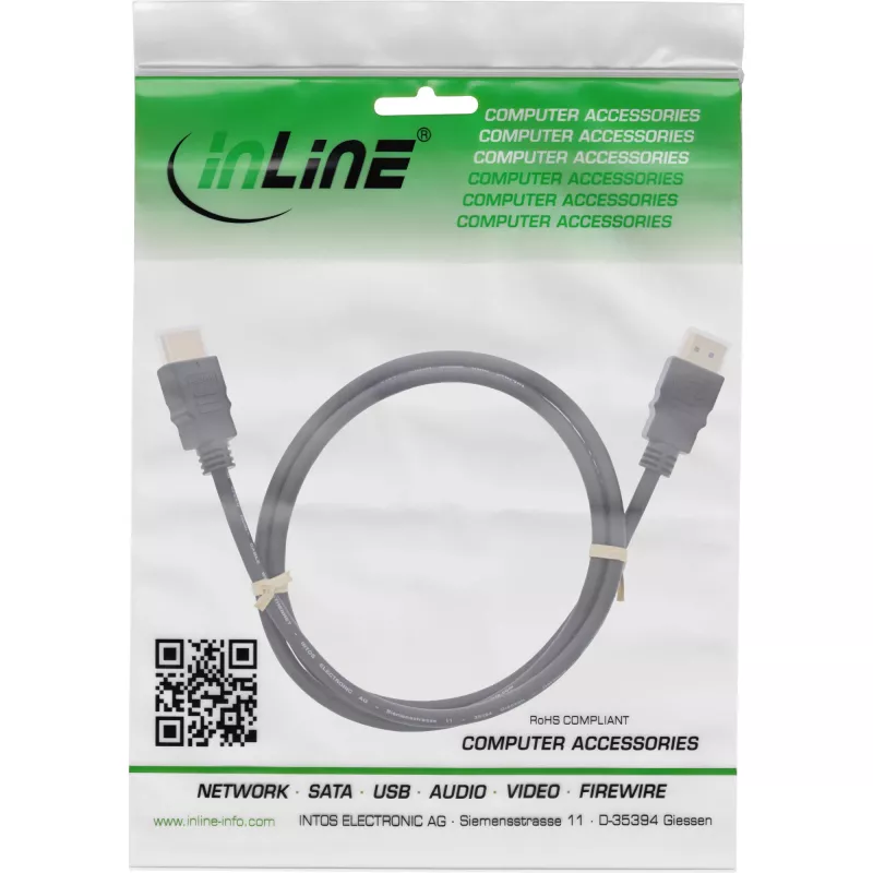 InLine HDMI kabelis, HDMI High Speed su Ethernet, kištukas / kištukas, juodas, 1 m