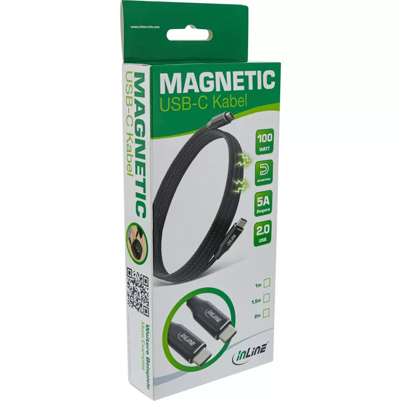 InLine Magnetic USB-C laidas, USB-C kištukas/kištukas, 100 W, juodas, 1 m