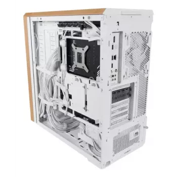 PC korpusas Lian Li Lancool 217 Midi Tower — balta & mediena, palaiko ATX/EATX/Micro-ITX, 2x120mm priekyje, 1x140mm gale, 1×3,5 colio + 8×2,5 colio