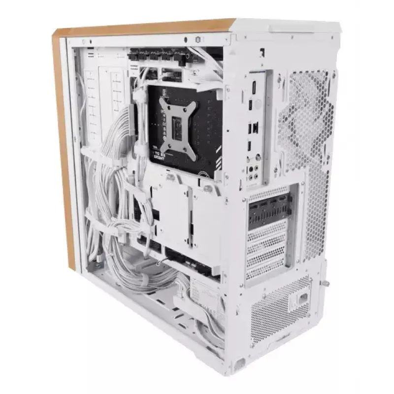PC korpusas Lian Li Lancool 217 Midi Tower — balta & mediena, palaiko ATX/EATX/Micro-ITX, 2x120mm priekyje, 1x140mm gale, 1×3,5 colio + 8×2,5 colio